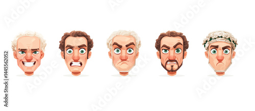 A set of expressive character faces for a Roman senator, showcasing different emotions: happy, angry, surprised, sad, mischievous, and neutral.
