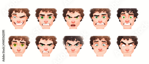 A set of expressive character faces for a Dragon tamer, showcasing different emotions: happy, angry, surprised, sad, mischievous, and neutral.