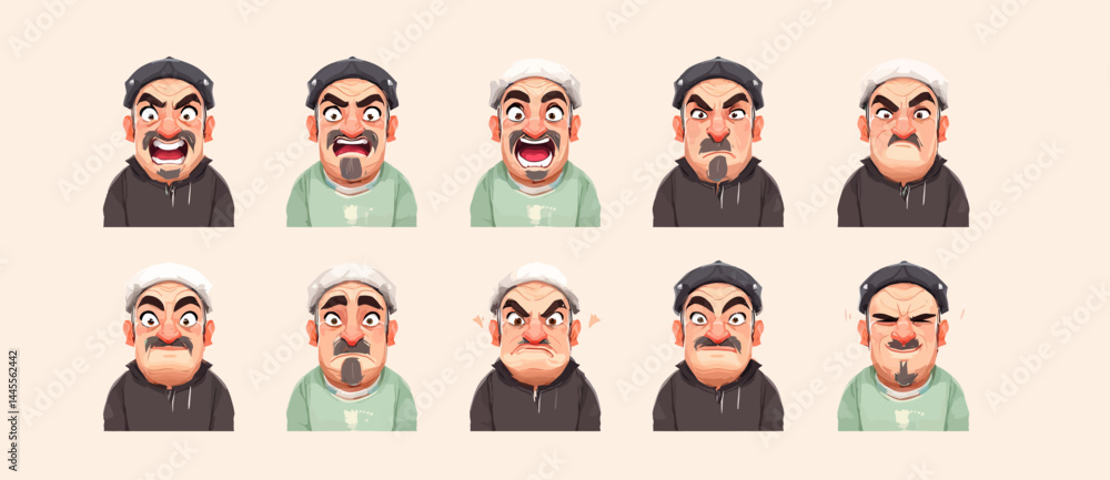 A set of expressive character faces for a Street vendor, showcasing different emotions: happy, angry, surprised, sad, mischievous, and neutral. A set of expressive character faces for a Street vendor, showcasing different emotions: happy, angry, surprised, sad, mischievous, and neutral.