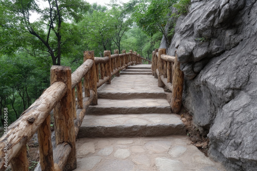 Obraz premium Stone Steps with Wooden Railing in Green Forest