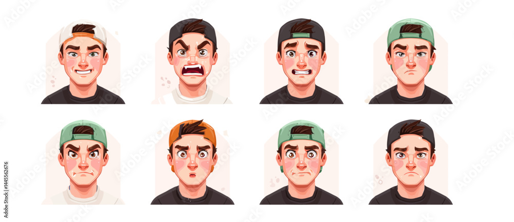 A set of expressive character faces for a Mountain biker, showcasing different emotions: happy, angry, surprised, sad, mischievous, and neutral. A set of expressive character faces for a Mountain biker, showcasing different emotions: happy, angry, surprised, sad, mischievous, and neutral.