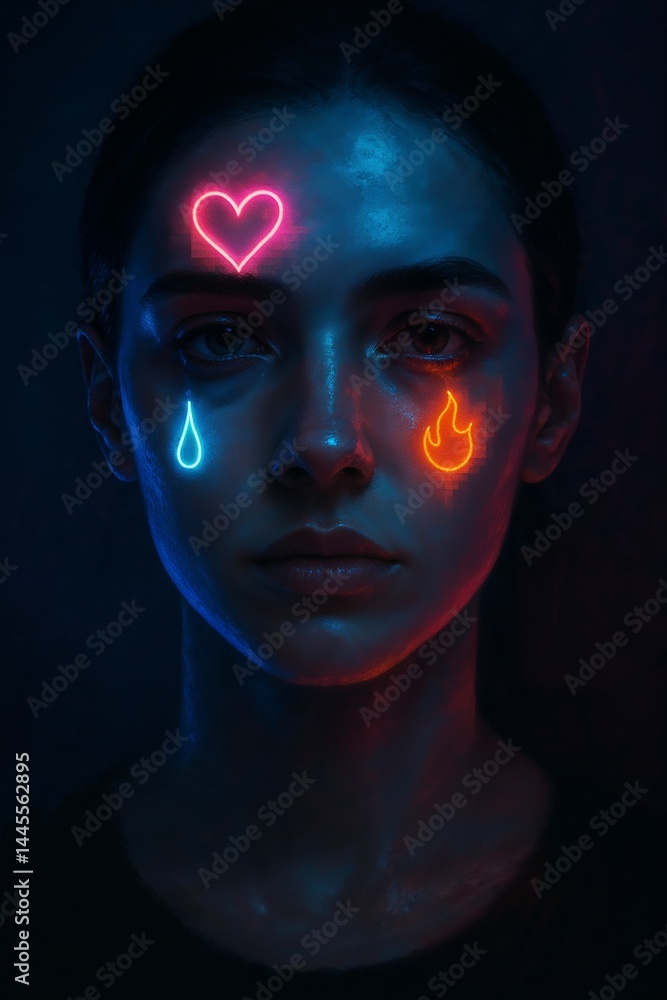 Realistic human face lit by cyberpunk neon with glowing symbols — heart, flame, and tear — subtly embedded into the skin. Bold futuristic artwork for fashion and digital design. Realistic human face lit by cyberpunk neon with glowing symbols — heart, flame, and tear — subtly embedded into the skin. Bold futuristic artwork for fashion and digital design.
