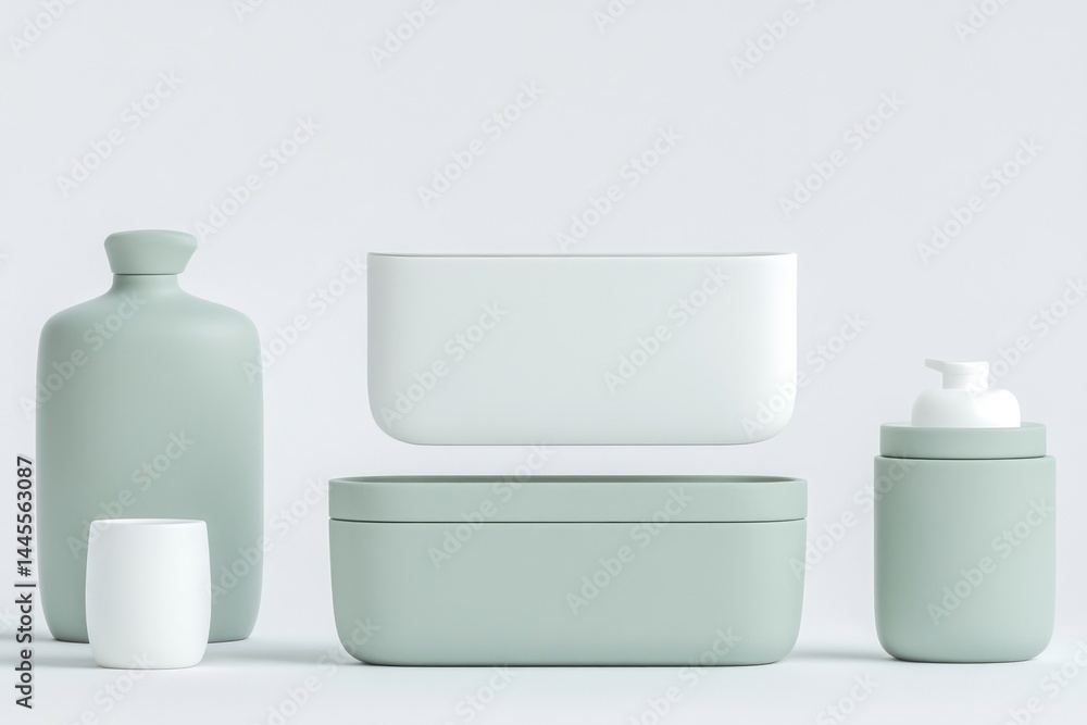 Modern minimalist cosmetic display. Muted green and white containers Modern minimalist cosmetic display. Muted green and white containers