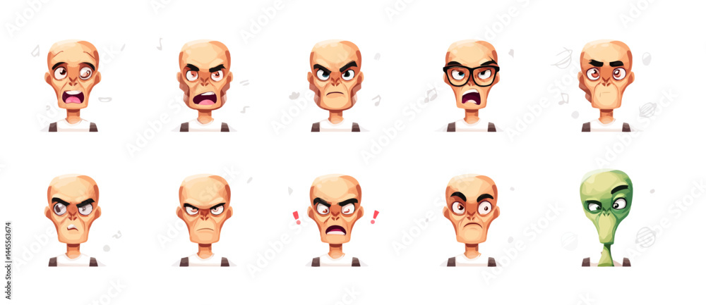 Fototapeta premium Alien faces with different emotions, cartoon characters, vector illustrations