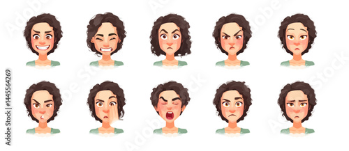 A set of expressive character faces for a Flamenco dancer, showcasing different emotions: happy, angry, surprised, sad, mischievous, and neutral.