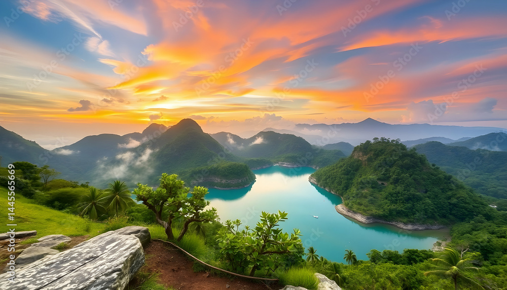 Fototapeta premium Tropical Mountains and Lakes at Sunset