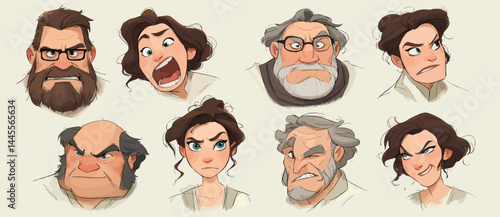 A set of expressive character faces for a Botanist, showcasing different emotions: happy, angry, surprised, sad, mischievous, and neutral.