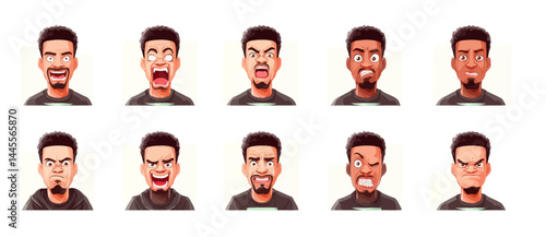 A set of expressive character faces for a Rapper, showcasing different emotions: happy, angry, surprised, sad, mischievous, and neutral.
