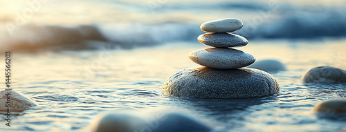 Wallpaper Mural Banner with Round Sea Stones and Serene Ocean View, Symbolizing Tranquility and Longevity Torontodigital.ca