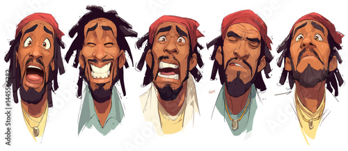 A set of expressive character faces for a Reggae singer, showcasing different emotions: happy, angry, surprised, sad, mischievous, and neutral.