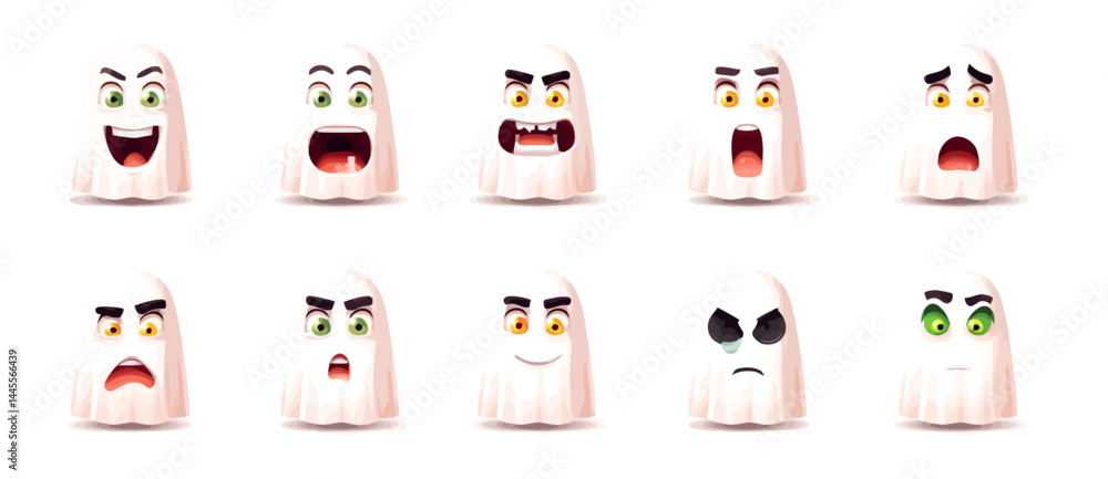 A set of expressive character faces for a Ghost, showcasing different emotions: happy, angry, surprised, sad, mischievous, and neutral.