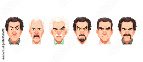 A set of expressive character faces for a Beekeeper, showcasing different emotions: happy, angry, surprised, sad, mischievous, and neutral.