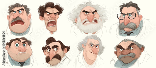 A set of expressive character faces for a Zoologist, showcasing different emotions: happy, angry, surprised, sad, mischievous, and neutral.