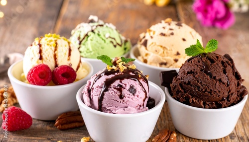 A selection of homemade ice creams: creamy vanilla, pistachio, black raspberry, chocolate chip, and chocolate, drizzled with chocolate sauce, topped with mint, berries, and chocolate shavings.