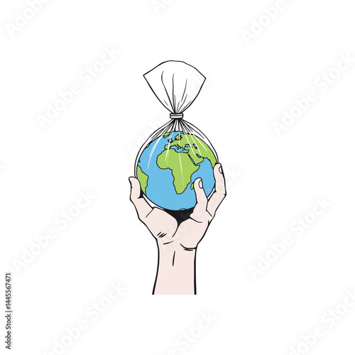 Hand Holding Earth Wrapped Tightly in Plastic Bag Environmental Pollution Vector