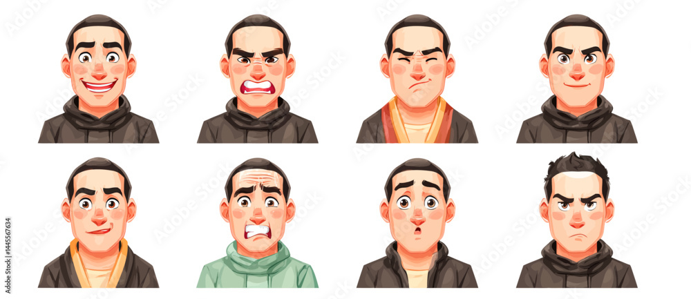 A set of expressive character faces for a Tibetan monk, showcasing different emotions: happy, angry, surprised, sad, mischievous, and neutral. A set of expressive character faces for a Tibetan monk, showcasing different emotions: happy, angry, surprised, sad, mischievous, and neutral.