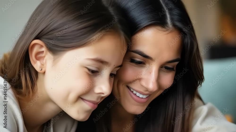 A mother and her daughter enjoy a playful moment while looking at a smartphone, celebrating the joy and connection of Mother's Day A mother and her daughter enjoy a playful moment while looking at a smartphone, celebrating the joy and connection of Mother's Day
