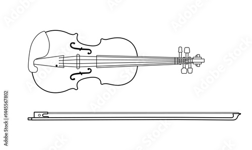 Linear drawing of a violin and bow isolated on a white background. Linear icon, vector illustration. Orchestral and solo musical instrument.