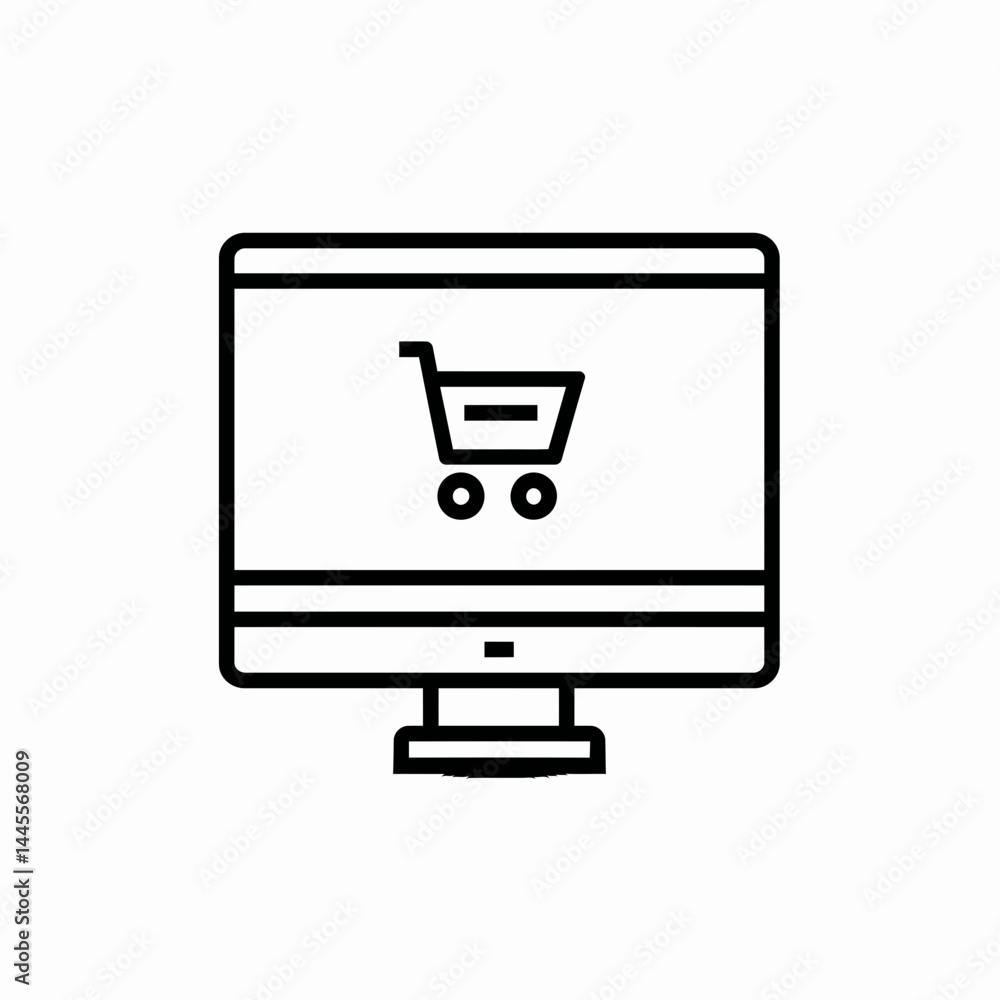 Line art illustration of a computer screen displaying a shopping cart icon; concept for e-commerce, online shopping, and digital marketing Line art illustration of a computer screen displaying a shopping cart icon; concept for e-commerce, online shopping, and digital marketing