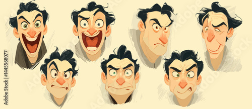 A set of expressive character faces for a Tightrope walker, showcasing different emotions: happy, angry, surprised, sad, mischievous, and neutral.