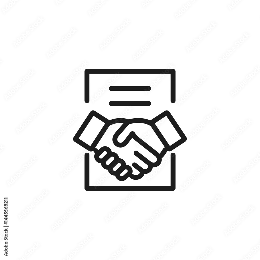Line art illustration of a handshake over a document, concept for business agreement, contract signing, partnership deal Line art illustration of a handshake over a document, concept for business agreement, contract signing, partnership deal