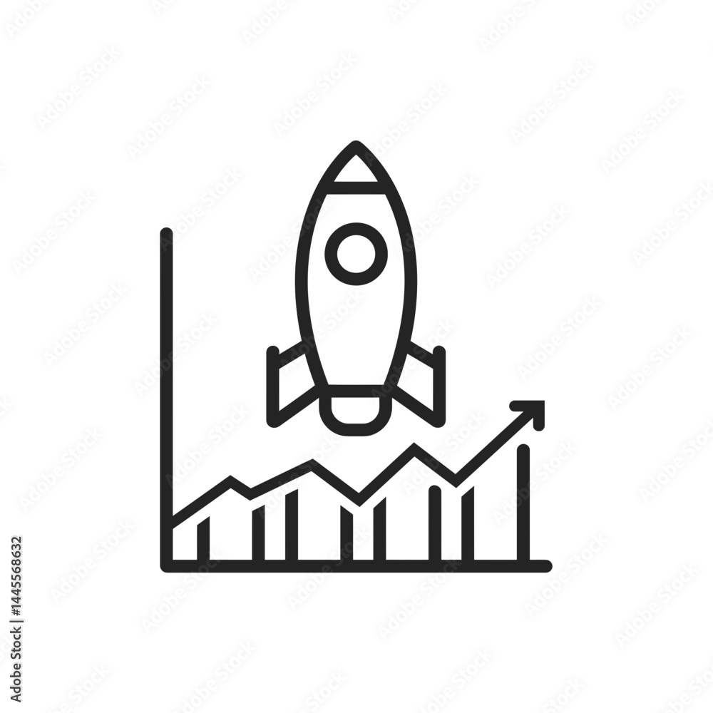 Line art illustration of a rocket launching above a graph, concept for business growth, startup, and financial success Line art illustration of a rocket launching above a graph, concept for business growth, startup, and financial success
