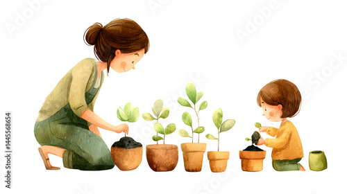 Mother and child planting seeds in small pots, growth and nurturing theme, isolated on white background