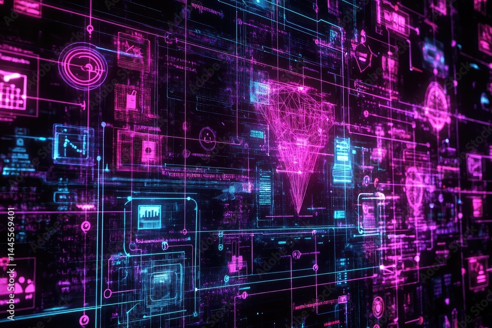Obraz premium Digital network of user profiles and connections with neon data flow. AI generated illustration.