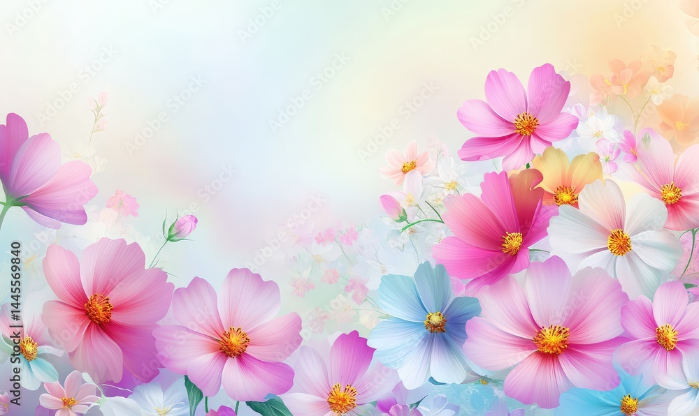 Elegant spring sale banner with pastel blooming flowers and soft gradient background. AI generated illustration.