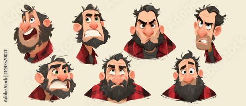 A set of expressive character faces for a Lumberjack, showcasing different emotions: happy, angry, surprised, sad, mischievous, and neutral.