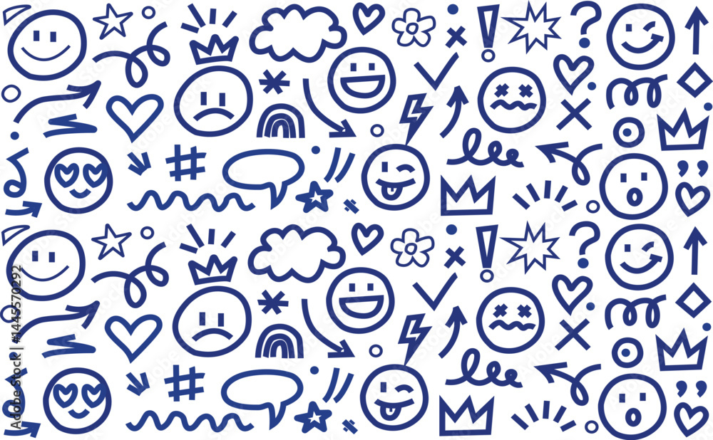 Fun hand-drawn emoji doodle seamless pattern with smiley faces, hearts, stars, clouds, arrows, and symbols. Perfect for kids, social media, chat backgrounds, stickers and modern digital design project Fun hand-drawn emoji doodle seamless pattern with smiley faces, hearts, stars, clouds, arrows, and symbols. Perfect for kids, social media, chat backgrounds, stickers and modern digital design project