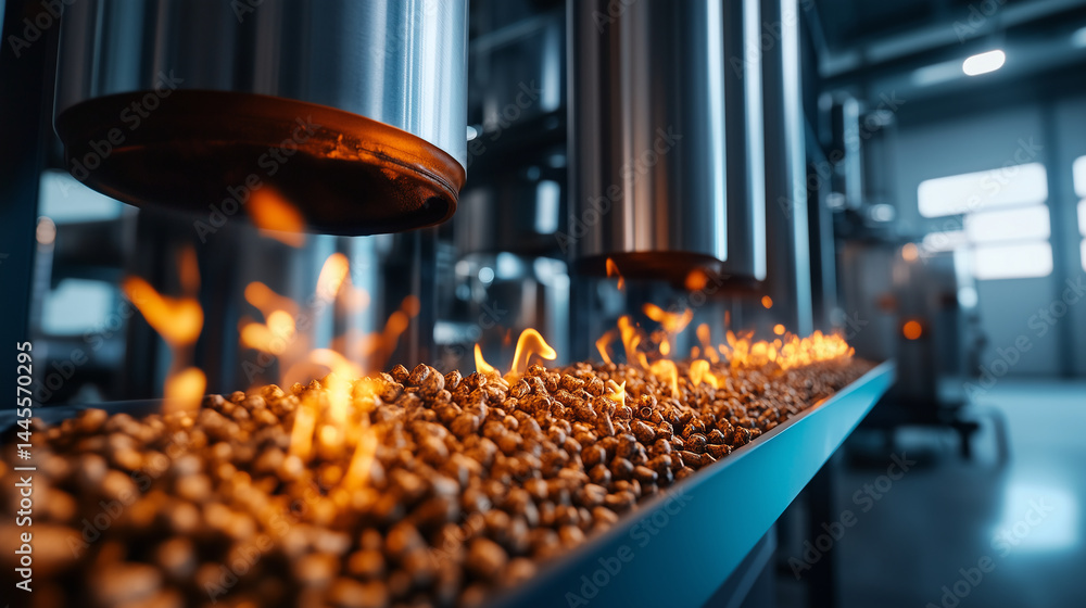 Shiny modern wood pellet stove in operation, close-up of pellets slowly turning into embers inside the combustion chamber, surrounded by contemporary boiler equipment