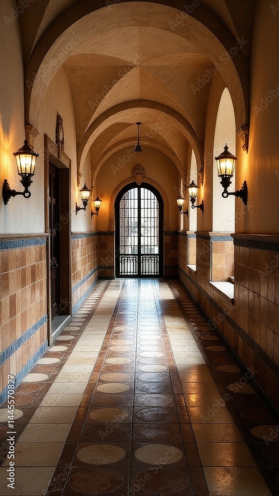 Fototapeta premium Elegant arched corridor with warm lighting and tiled floor.