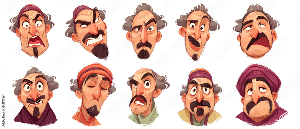 A set of expressive character faces for a Fortune teller, showcasing different emotions: happy, angry, surprised, sad, mischievous, and neutral. A set of expressive character faces for a Fortune teller, showcasing different emotions: happy, angry, surprised, sad, mischievous, and neutral.