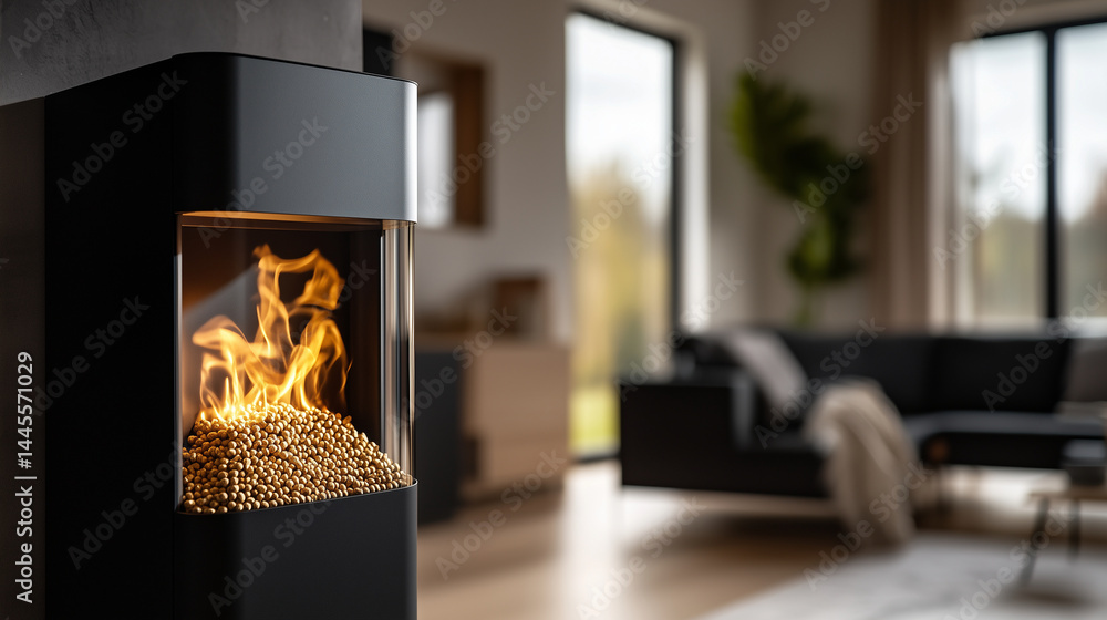 Eco-conscious private boiler room with modern wood pellet stove in full operation, detailed view of burning pellets emitting soft, sustainable warmth