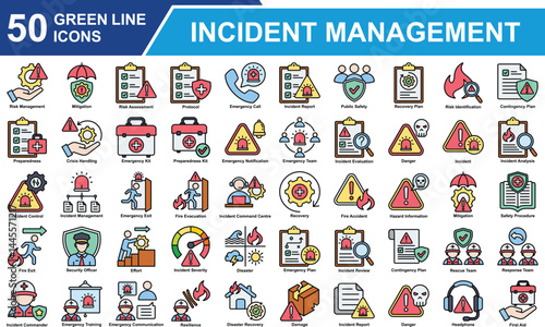 Incident Management Icon Set Collection. Containing Risk Management, Mitigation, Risk Assessment, Incident Report, Emergency Call, Danger, Incident, Fire, Rescue Team. Simple Color Vector Illustration