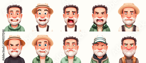 A set of expressive character faces for a Fisherman, showcasing different emotions: happy, angry, surprised, sad, mischievous, and neutral.