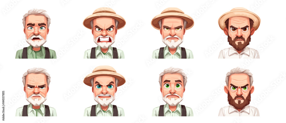 A set of expressive character faces for a Beekeeper, showcasing different emotions: happy, angry, surprised, sad, mischievous, and neutral. A set of expressive character faces for a Beekeeper, showcasing different emotions: happy, angry, surprised, sad, mischievous, and neutral.