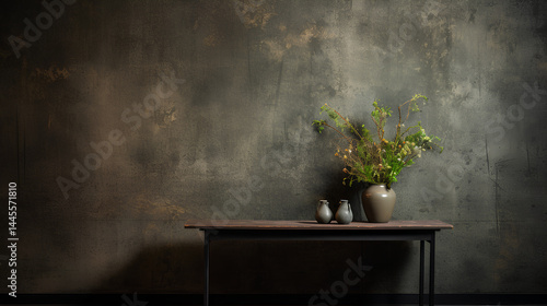 We see a wall with an old patinated dark wallpaper texture