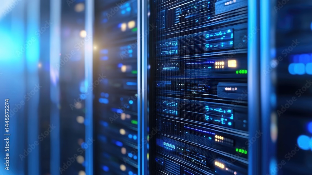 Wide 3D view of a server data center with vivid blue lighting and reflective floors, ideal for cloud storage, networking, and tech showcases Wide 3D view of a server data center with vivid blue lighting and reflective floors, ideal for cloud storage, networking, and tech showcases