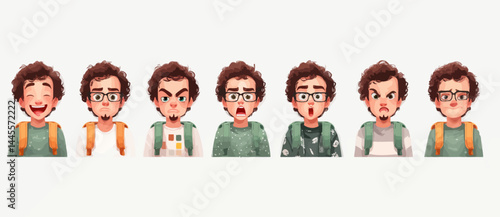 A set of expressive character faces for a Student with backpack, showcasing different emotions: happy, angry, surprised, sad, mischievous, and neutral.