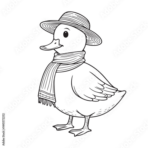 Line art of duck with straw hat and scarf cartoon vector