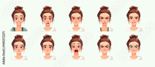 A set of expressive character faces for a Gen-Z girl, showcasing different emotions: happy, angry, surprised, sad, mischievous, and neutral.