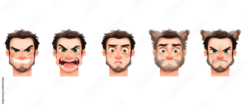 Fototapeta premium A set of expressive character faces for a Werewolf, showcasing different emotions: happy, angry, surprised, sad, mischievous, and neutral.