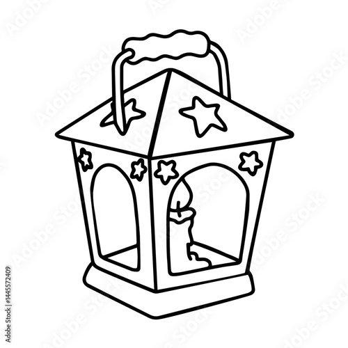Hexagonal Lantern with Candle Inside, Star Decorations and Handle – Traditional Holiday Light, Festive Decoration, Christmas Atmosphere, Vintage Ornament for Seasonal Home Decor