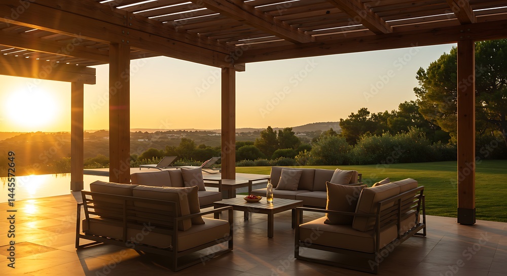 Fototapeta premium Sunset Serenity: Luxurious Outdoor Living Space with Panoramic Views