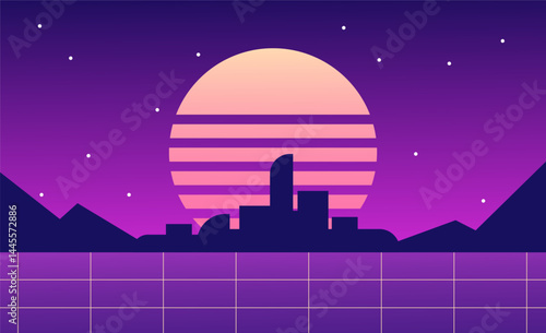 Synthwave cyberpunk cityscape. 80s retro futuristic neon grid. Sci-fi vintage aesthetic background. Futuristic technology. Flat vector illustration. 