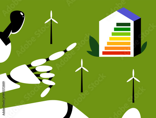 Smart home energy efficiency with AI Robot. Sustainable development in the future. Flat vector illustration.