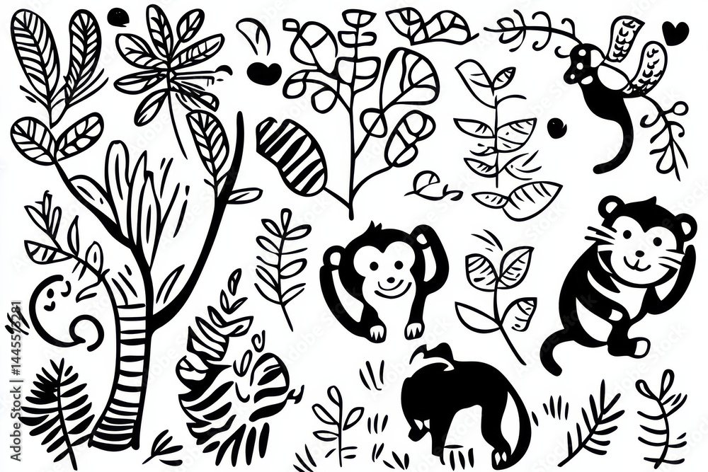 Vibrant illustrations of monkeys and tigers exploring simple jungle animals in nature scenes Vibrant illustrations of monkeys and tigers exploring simple jungle animals in nature scenes