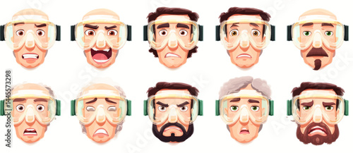 A set of expressive character faces for a Scuba diver, showcasing different emotions: happy, angry, surprised, sad, mischievous, and neutral.